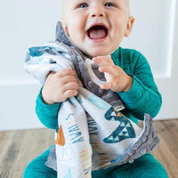 Baby Boy Snuggling his Adventure Awaits Personalized Gray Lovey Blanket