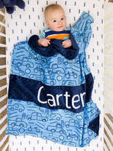 Load image into Gallery viewer, Blue Truck and Cars Personalized Baby Boy Blanket