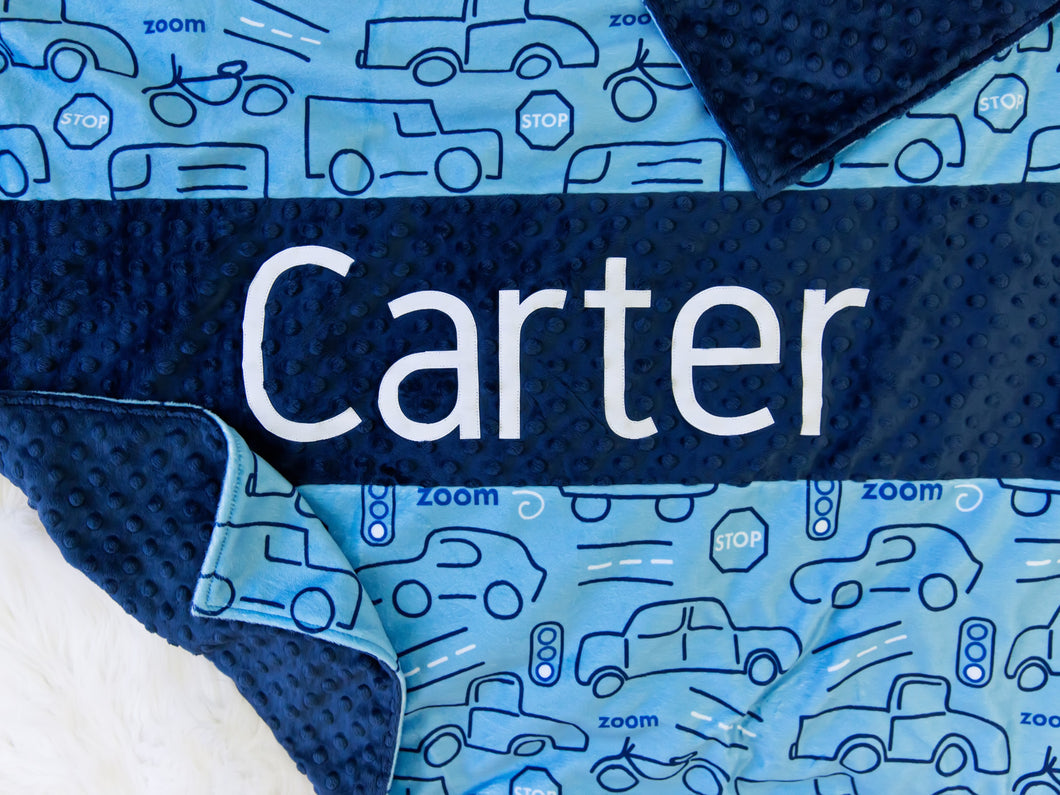 Blue Truck and Cars Personalized Baby Boy Blanket