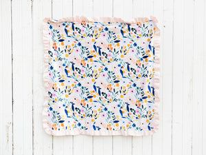 Navy Floral Minky Blanket with Blush Satin Ruffle and Name