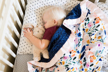 Load image into Gallery viewer, Navy Floral Minky Blanket with Blush Satin Ruffle and Name