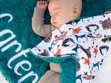 Load image into Gallery viewer, Woodland Animals Baby Blanket with Personalized Name and Teal Fur Minky