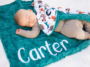 Woodland Animals Baby Blanket with Personalized Name and Teal Fur Minky