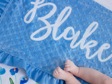 Load image into Gallery viewer, Blue Floral Personalized Minky Blanket with Satin Ruffle