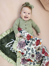 Load image into Gallery viewer, Green Floral Minky Blanket with Satin Ruffle