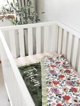 Load image into Gallery viewer, Green Floral Minky Blanket with Satin Ruffle