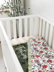 Green Floral Minky Blanket with Satin Ruffle