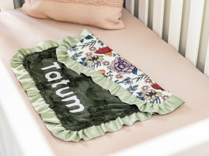 Green Floral Personalized Lovey Blanket with Satin Ruffle