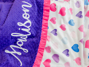 Pink and Purple Hearts Minky Blanket with Satin Ruffle and Name