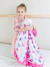 Load image into Gallery viewer, Pink and Purple Hearts Minky Blanket with Satin Ruffle and Name