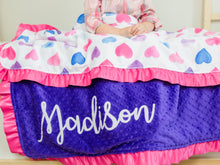 Load image into Gallery viewer, Pink and Purple Hearts Minky Blanket with Satin Ruffle and Name