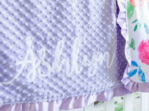 Personalized Lavender Floral Minky Blanket with Satin Ruffle