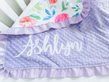 Load image into Gallery viewer, Personalized Lavender Floral Minky Blanket with Satin Ruffle