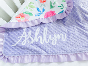 Personalized Lavender Floral Minky Blanket with Satin Ruffle