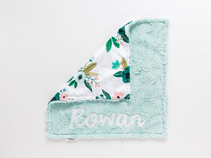 Aqua Floral Lovey Blanket with Name