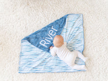 Load image into Gallery viewer, Blue Striped Personalized Baby Blanket