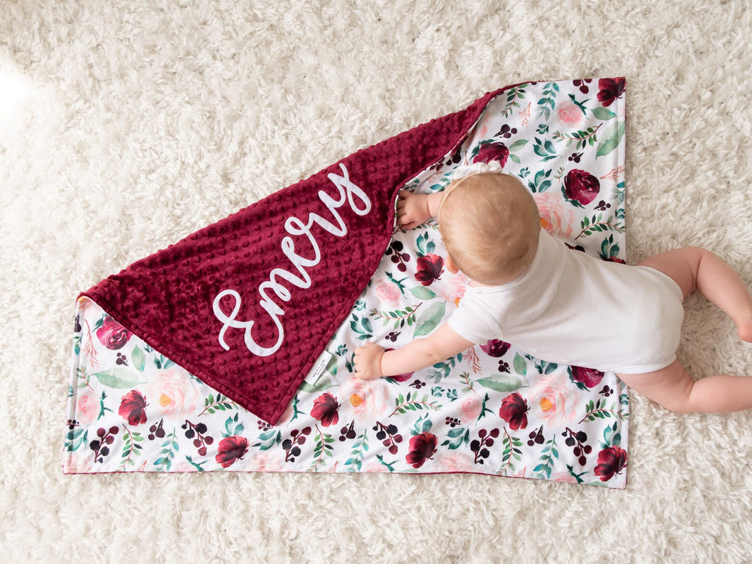 Burgundy Floral Baby Blanket with Personalized Name