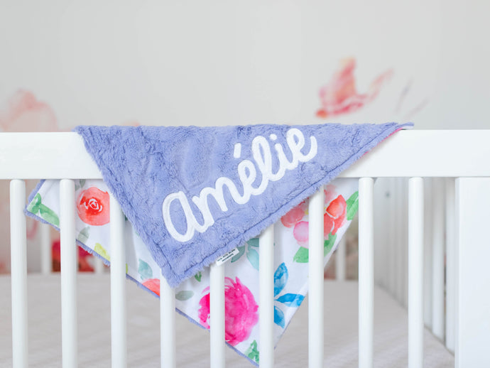 Purple Floral Lovey Blanket with Name