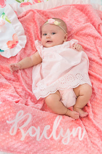 Coral Floral Personalized Baby Girl Blanket with Satin Ruffle