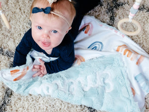 Personalized Rainbow Baby Lovey Blanket with Aqua Minky Fur