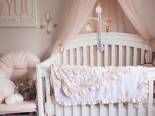 Load image into Gallery viewer, Stars and Moons Blush Pink Baby Girl Blanket with Satin Ruffle