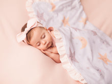 Load image into Gallery viewer, Stars and Moons Blush Pink Baby Girl Blanket with Satin Ruffle