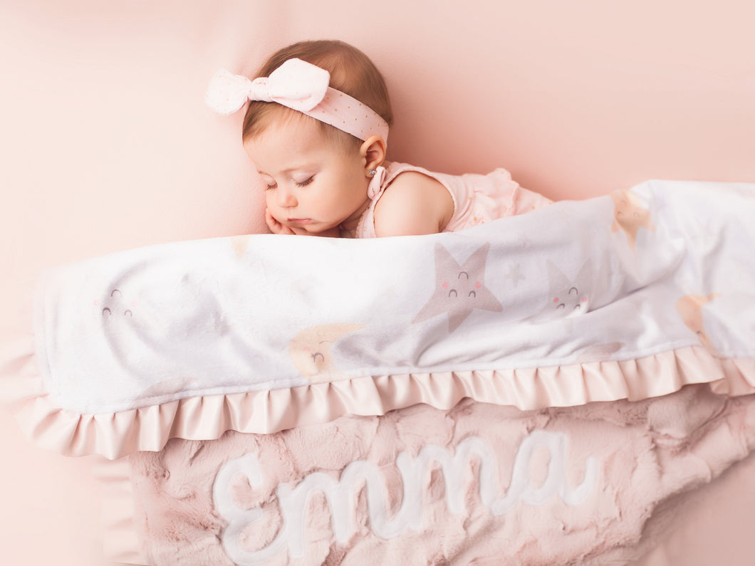 Stars and Moons Blush Pink Baby Girl Blanket with Satin Ruffle