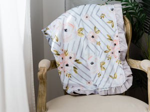 Gray and Peach Floral Personalized Baby Girl Blanket with Satin Ruffle