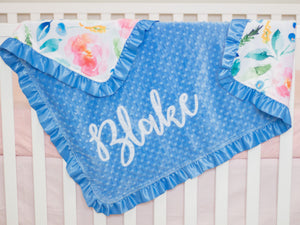 Blue Floral Personalized Minky Blanket with Satin Ruffle