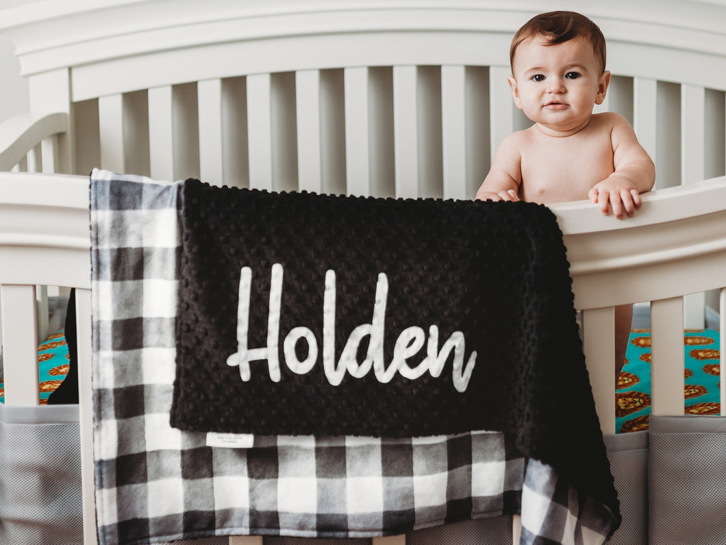 Black and White Buffalo Check Personalized Baby Blanket
