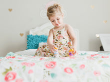 Load image into Gallery viewer, Mint and Pink Floral Personalized Minky Blanket with Satin Ruffle