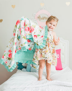 Mint and Pink Floral Personalized Minky Blanket with Satin Ruffle