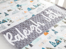Load image into Gallery viewer, Adventure Awaits Gray Personalized Baby Boy Blanket