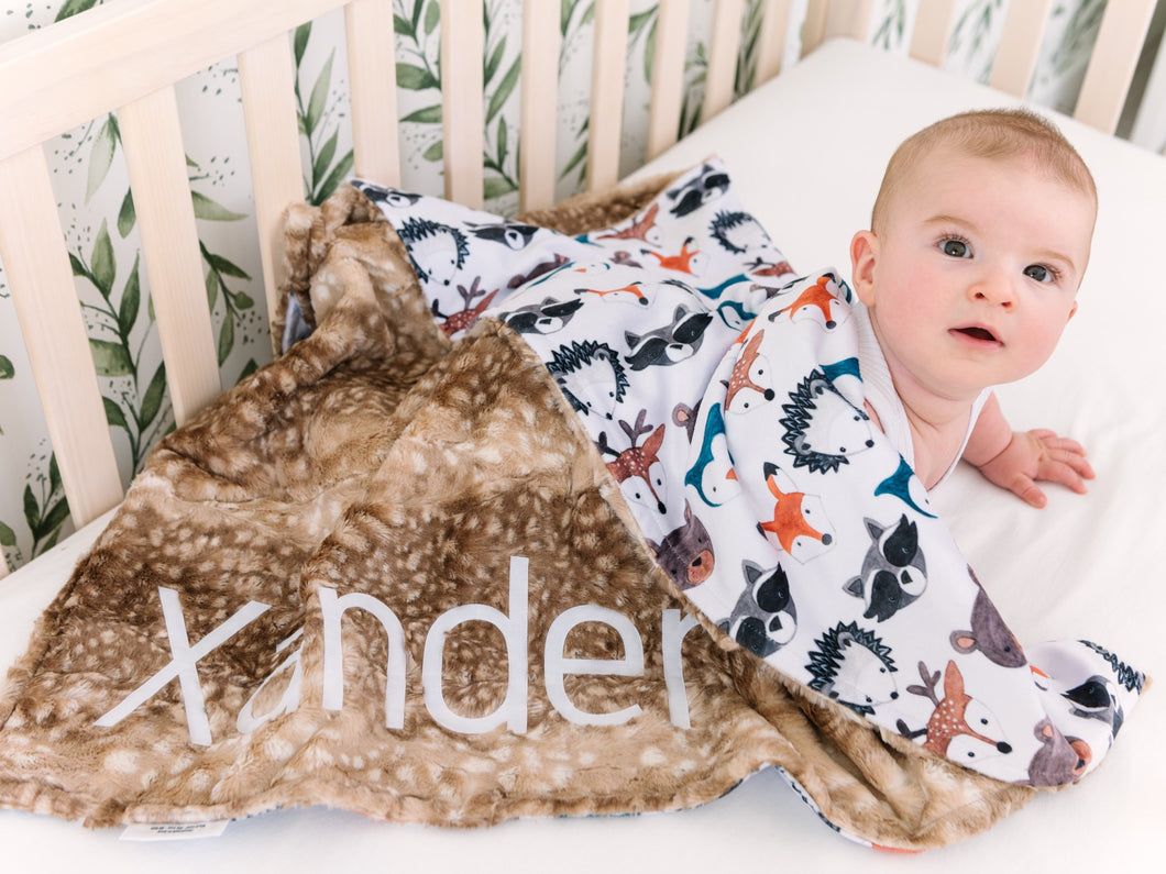 Woodland Animals Baby Blanket with Personalized Name and Brown Fawn Minky