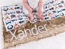 Load image into Gallery viewer, Woodland Animals Baby Blanket with Personalized Name and Brown Fawn Minky