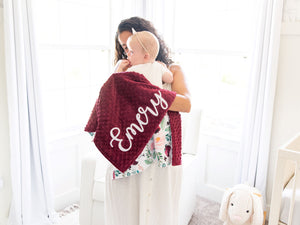 Burgundy Floral Baby Blanket with Personalized Name