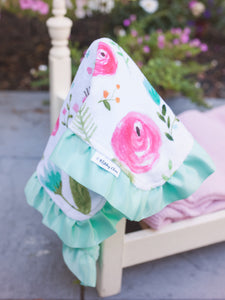 Mint Pink Floral Personalized Lovey Blanket with Satin Ruffle