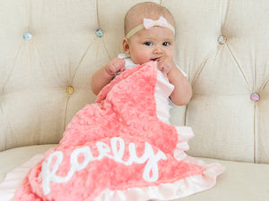 Coral Floral Personalized Lovey Blanket with Satin Ruffle