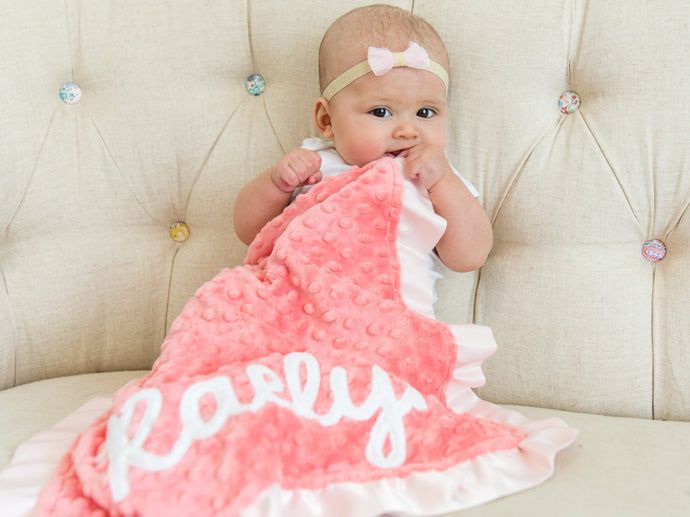Coral Floral Personalized Lovey Blanket with Satin Ruffle