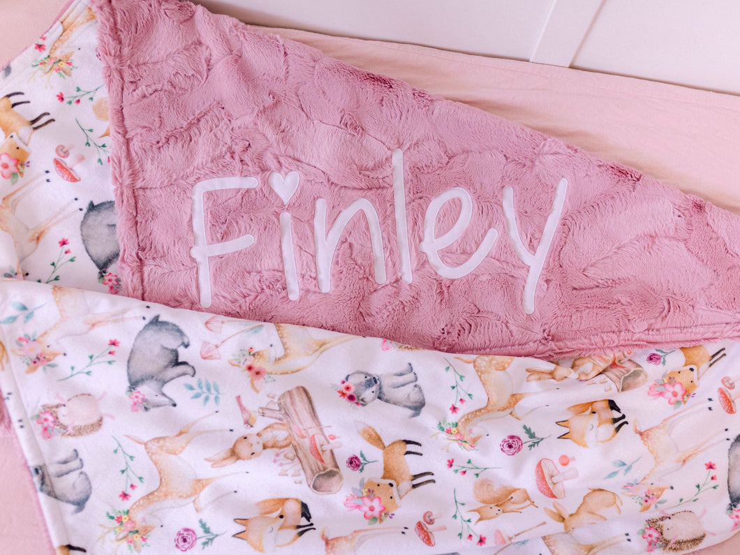 Woodland Animals Baby Girl Blanket with Personalized Name