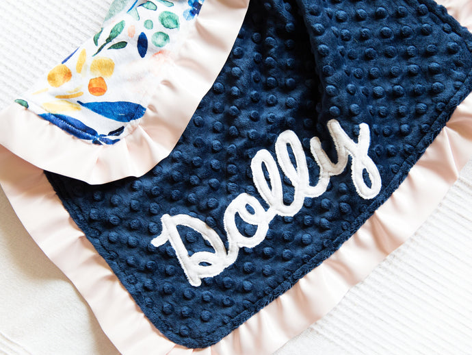 Navy Watercolor Floral Personalized Lovey Blanket with Satin Ruffle