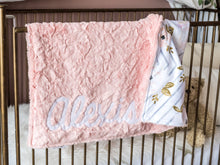 Load image into Gallery viewer, Peach Fur Floral Blanket with Personalized Name