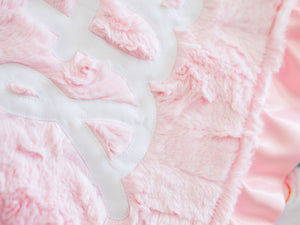 Personalized Light Pink Fur Floral Blanket with Satin Ruffle