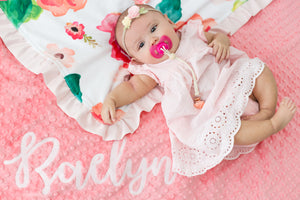 Coral Floral Personalized Baby Girl Blanket with Satin Ruffle