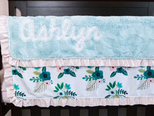 Load image into Gallery viewer, Aqua Coral Floral Baby Girl Minky Blanket with Satin Ruffle