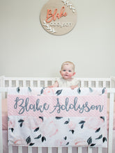 Load image into Gallery viewer, Pink and Gray Floral Personalized Baby Girl Blanket