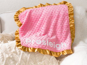 Rainbow Baby Personalized Lovey Blanket with Gold Satin Ruffle