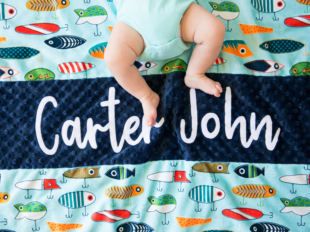 Fish Hooks Personalized Baby Boy Blanket
