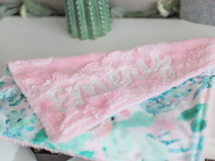 Cactus Succulent Pink Floral Personalized Baby Girl Lovey Blanket