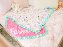 Load image into Gallery viewer, Pink Unicorn Personalized Minky Blanket with Satin Ruffle